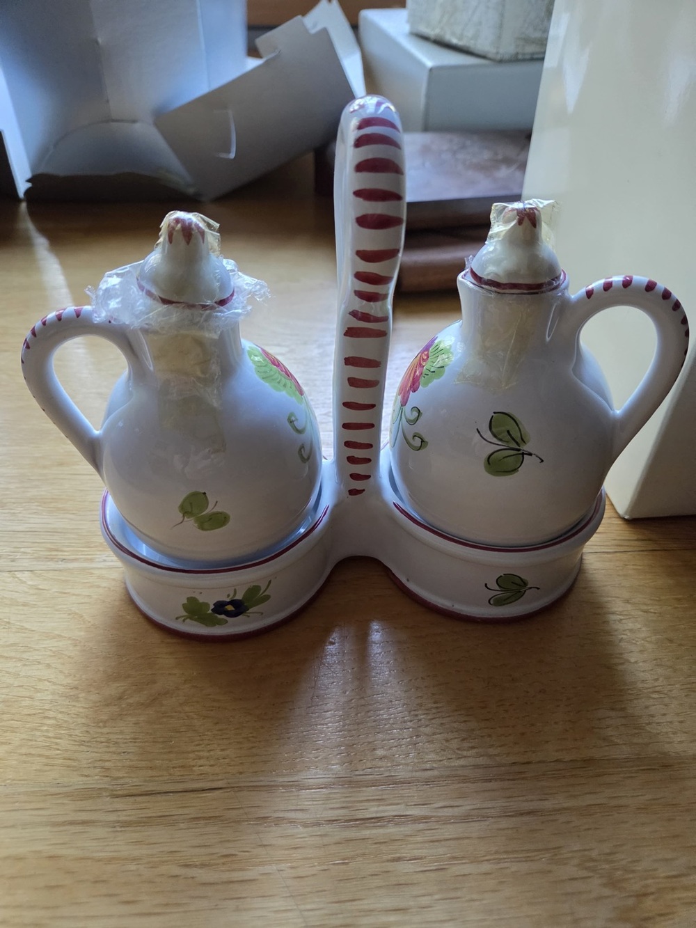 Hand-Painted Ceramic Olive Oil & Vinegar Cruet Set - White with Floral Accents